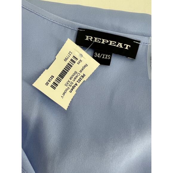 Repeat Cashmere Silk Top with Breast Pocket in Sky - Picture 10 of 12